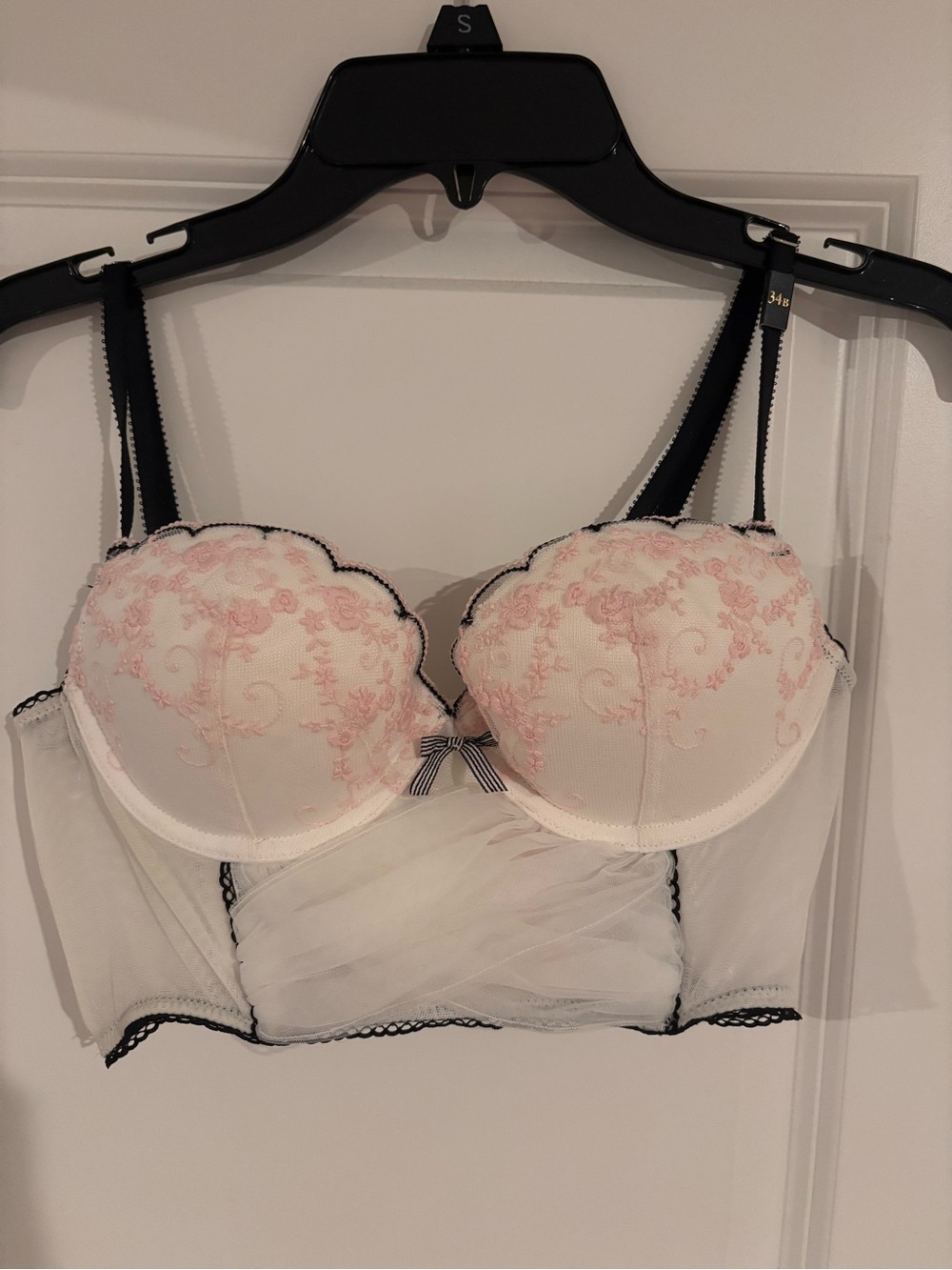 Victoria's Secret White Longline Demi Bra with Pink Embroidery